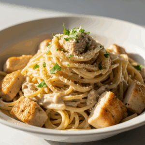 Skinny Chicken Alfredo Stuffed Spaghetti Squash Delight