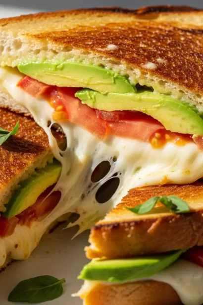 Melty Avocado Mozzarella Tomato Grilled Cheese Delight