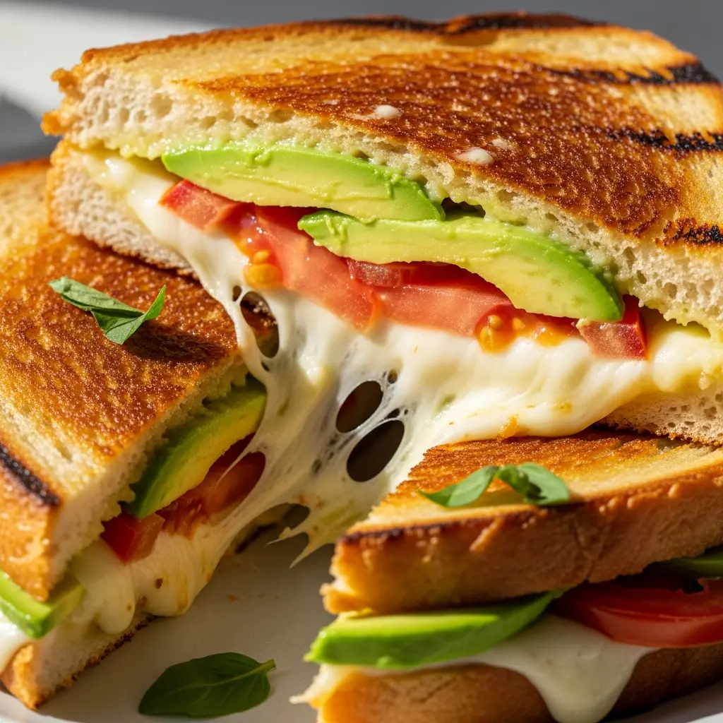 Melty Avocado Mozzarella Tomato Grilled Cheese Delight