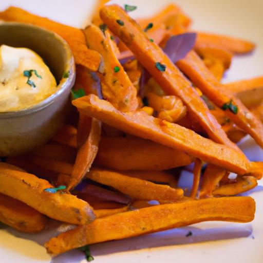 Crispy Sweet potato Fries Paired with Creamy Vegan Mayo⁣ Dip