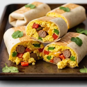 Create a high-resolution Pinterest pin image (1000x1500) of the prepared dish for the recipe " Sheet Pan Breakfast Burritos ".
Show a close-up of the final dish, beautifully styled, vibrant, and appetizing, with soft natural lighting and realistic textures.
Do NOT include any text, title, logo, watermark, or background clutter.
Keep the composition clean, minimalistic, and visually striking.