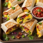 Create a high-resolution Pinterest pin image (1000x1500) of the prepared dish for the recipe " Sheet Pan Breakfast Burritos ". Show a close-up of the final dish, beautifully styled, vibrant, and appetizing, with soft natural lighting and realistic textures. Do NOT include any text, title, logo, watermark, or background clutter. Keep the composition clean, minimalistic, and visually striking.