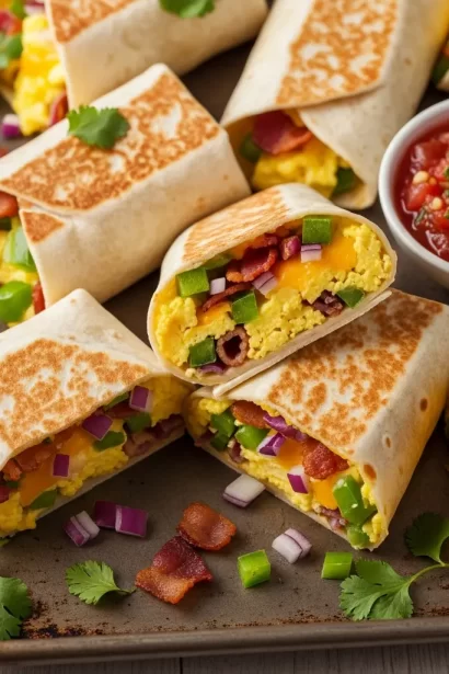 Create a high-resolution Pinterest pin image (1000x1500) of the prepared dish for the recipe " Sheet Pan Breakfast Burritos ". Show a close-up of the final dish, beautifully styled, vibrant, and appetizing, with soft natural lighting and realistic textures. Do NOT include any text, title, logo, watermark, or background clutter. Keep the composition clean, minimalistic, and visually striking.