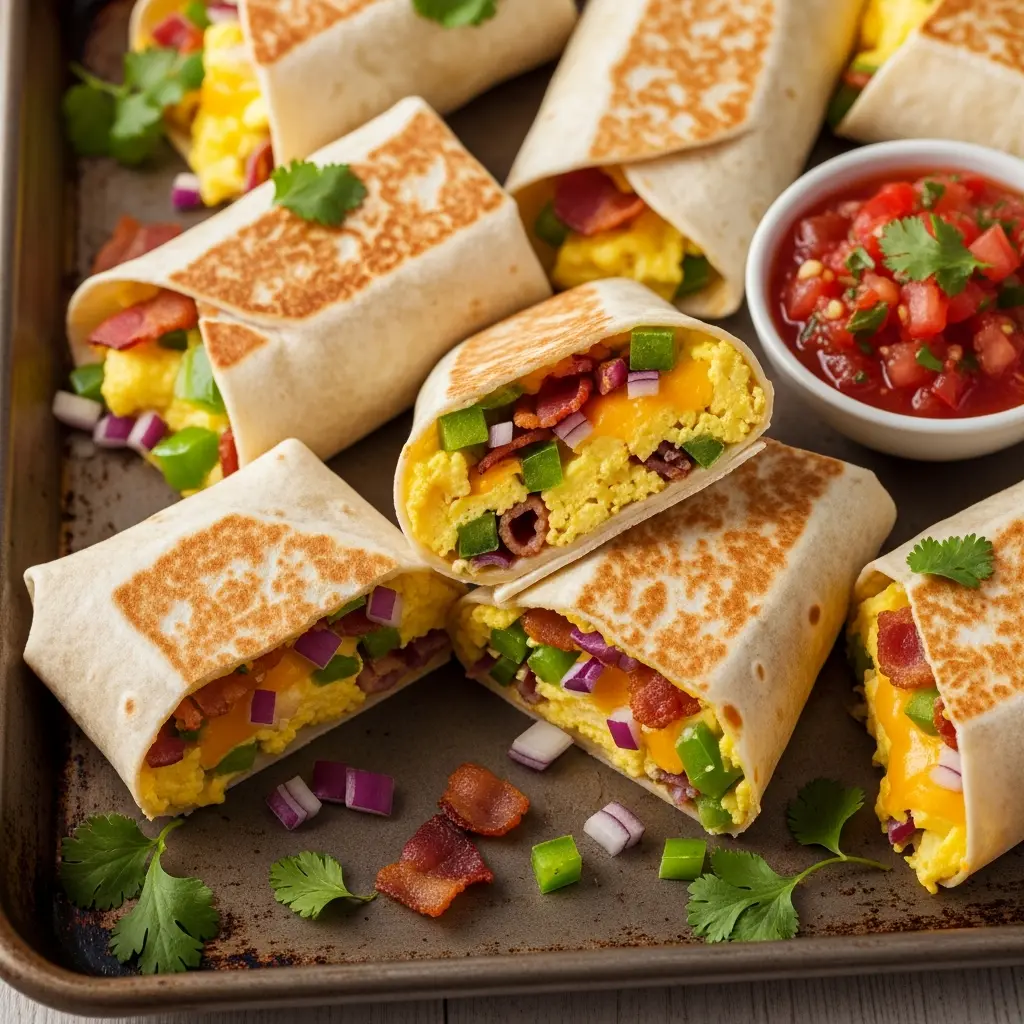 Create a high-resolution Pinterest pin image (1000x1500) of the prepared dish for the recipe " Sheet Pan Breakfast Burritos ". Show a close-up of the final dish, beautifully styled, vibrant, and appetizing, with soft natural lighting and realistic textures. Do NOT include any text, title, logo, watermark, or background clutter. Keep the composition clean, minimalistic, and visually striking.