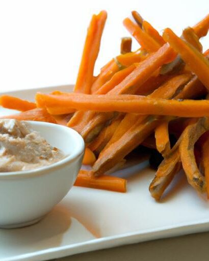 Crispy Sweet Potato Fries Paired with Creamy Vegan Mayo Dip