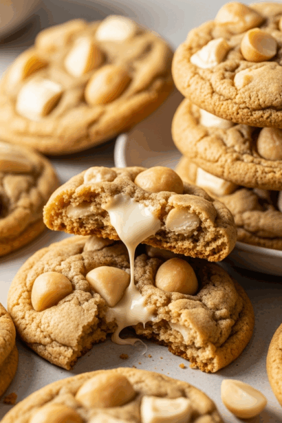 Create a high-resolution Pinterest pin image (1000x1500) of the prepared dish for the recipe " Irresistible White Chocolate Macadamia Nut Cookies Recipe ". Show a close-up of the final dish, beautifully styled, vibrant, and appetizing, with soft natural lighting and realistic textures. Do NOT include any text, title, logo, watermark, or background clutter. Keep the composition clean, minimalistic, and visually striking.