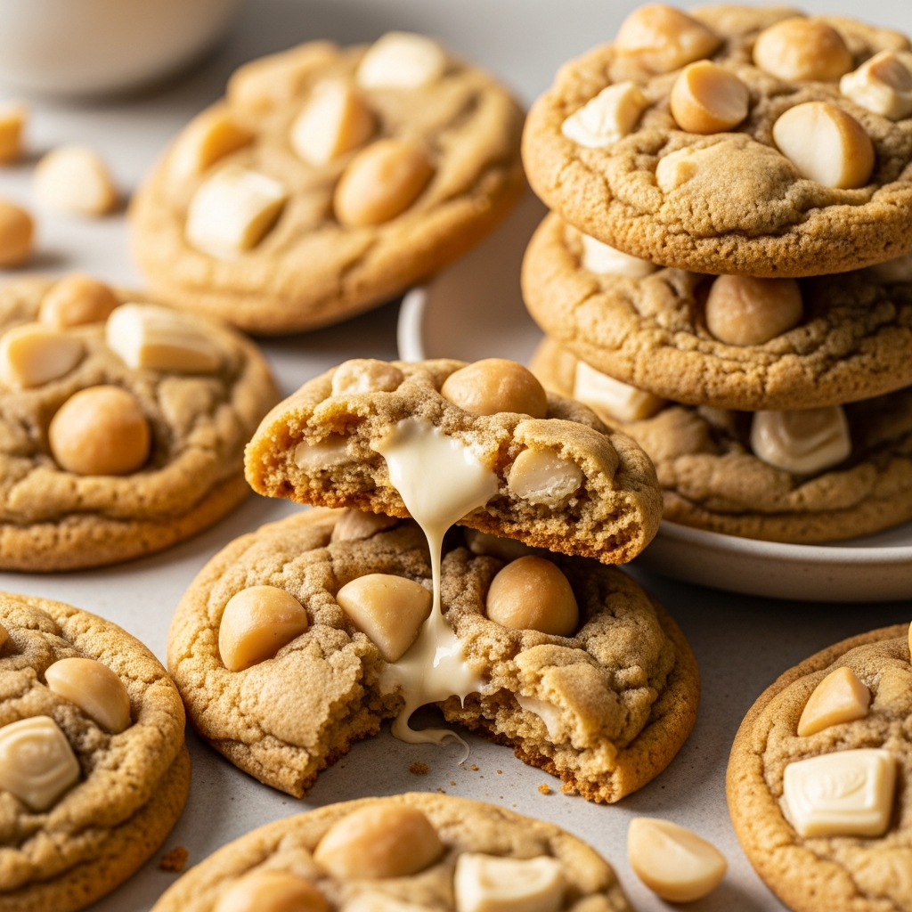 Create a high-resolution Pinterest pin image (1000x1500) of the prepared dish for the recipe " Irresistible White Chocolate Macadamia Nut Cookies Recipe ". Show a close-up of the final dish, beautifully styled, vibrant, and appetizing, with soft natural lighting and realistic textures. Do NOT include any text, title, logo, watermark, or background clutter. Keep the composition clean, minimalistic, and visually striking.