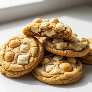 Create a high-resolution Pinterest pin image (1000x1500) of the prepared dish for the recipe " Irresistible White Chocolate Macadamia Nut Cookies Recipe ". 
Show a close-up of the final dish, beautifully styled, vibrant, and appetizing, with soft natural lighting and realistic textures. 
Do NOT include any text, title, logo, watermark, or background clutter. 
Keep the composition clean, minimalistic, and visually striking.
