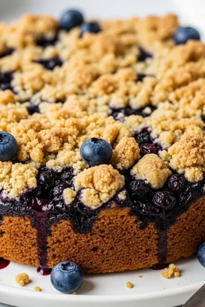 Create a high-resolution Pinterest pin image (1000x1500) of the prepared dish for the recipe " Blueberry Sour Cream Coffee Cake". Show a close-up of the final dish, beautifully styled, vibrant, and appetizing, with soft natural lighting and realistic textures. Do NOT include any text, title, logo, watermark, or background clutter. Keep the composition clean, minimalistic, and visually striking.