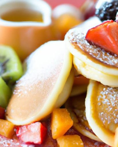 Tiny Delights: Mini Pancakes Topped with Fruit & Syrup